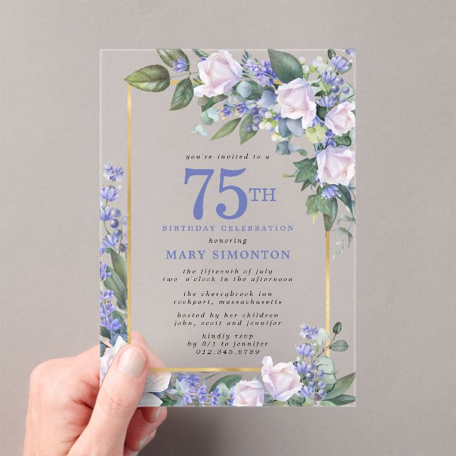 Blue White Gold Floral 75th Birthday Acrylic Invitations (Insitu (Handheld))