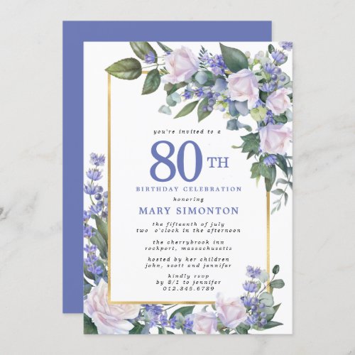 Blue White Gold Floral 80th Birthday Invitation