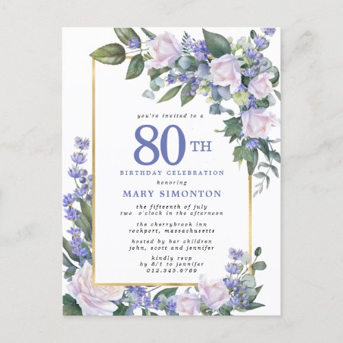 Blue White Gold Floral 80th Birthday Party Invitation Postcard