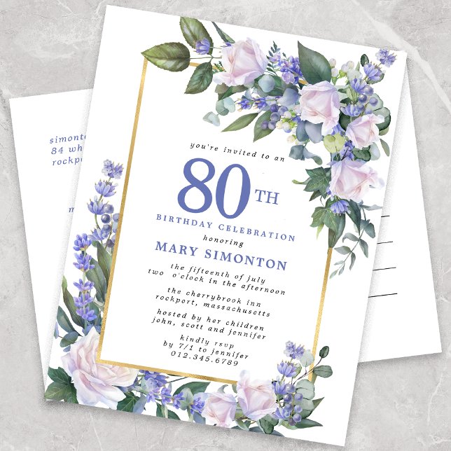 Blue White Gold Floral 80th Birthday Party  Invitation Postcard (Creator Uploaded)