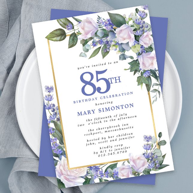 Blue White Gold Floral 85th Birthday Invitation (Creator Uploaded)