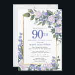Blue White Gold Floral 90th Birthday Dinner Invitation<br><div class="desc">Honor a special woman with this elegant and feminine 90th Birthday Dinner invitation. 90th is written in large blue text. Birthday celebration follows. The honored guest's name is also in blue capital letters. The remainder of the text is soft dove gray. The birthday celebration details are surrounded by a chic...</div>