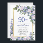 Blue White Gold Floral 90th Birthday Dinner Invitation<br><div class="desc">Honor a special woman with this elegant and feminine 90th Birthday Dinner invitation. 90th is written in large blue text. Birthday celebration follows. The honored guest's name is also in blue capital letters. The remainder of the text is soft dove gray. The birthday celebration details are surrounded by a chic...</div>