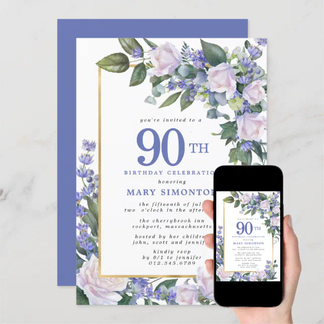 Blue White Gold Floral 90th Birthday Invitation 