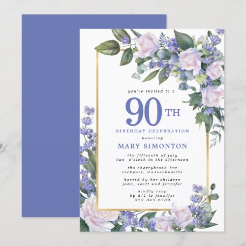 Blue White Gold Floral 90th Birthday