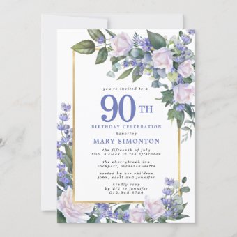 Blue White Gold Floral 90th Birthday Invitation | Zazzle