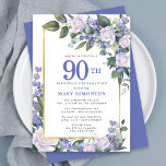 Blue White Gold Floral 90th Birthday Invitation