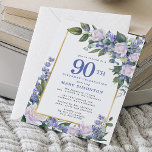 Blue White Gold Floral 90th Birthday Invitation<br><div class="desc">Honor a special woman with this elegant and feminine 90th Birthday party invitation. 90th is written in large blue text. Birthday celebration follows. The honored guest's name is also in blue capital letters. The remainder of the text is soft dove grey. The birthday celebration details are surrounded by a chic...</div>