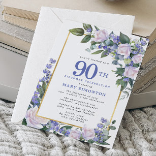 Blue White Gold Floral 90th Birthday Invitation