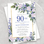 Blue White Gold Floral 90th Birthday Invitation<br><div class="desc">Honor a special woman with this elegant and feminine 90th Birthday party invitation. 90th is written in large blue text. Birthday celebration follows. The honored guest's name is also in blue capital letters. The remainder of the text is soft dove grey. The birthday celebration details are surrounded by a chic...</div>