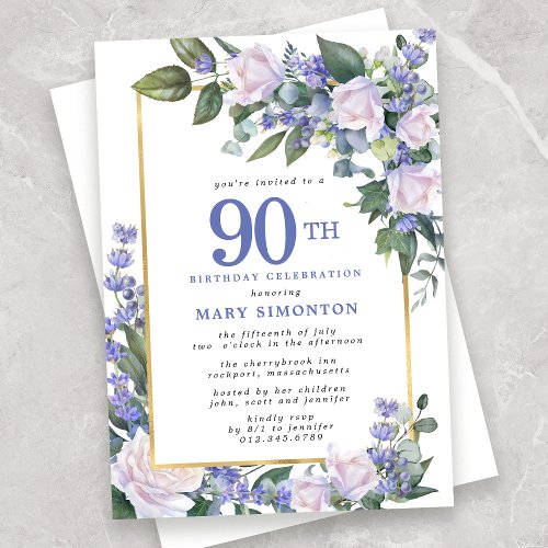 Blue White Gold Floral 90th Birthday