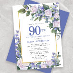 Blue White Gold Floral 90th Birthday Invitation<br><div class="desc">Honor a special woman with this elegant and feminine 90th Birthday party invitation. 90th is written in large blue text. Birthday celebration follows. The honored guest's name is also in blue capital letters. The remainder of the text is soft dove grey. The birthday celebration details are surrounded by a chic...</div>