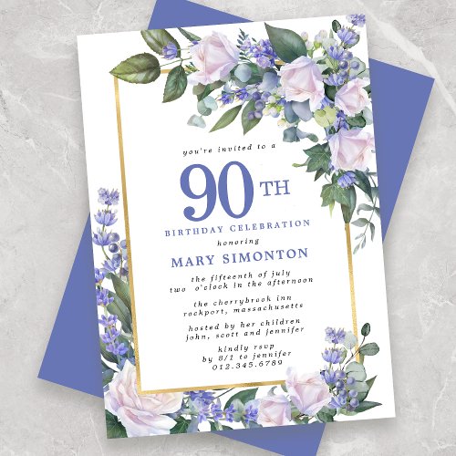 Blue White Gold Floral 90th Birthday Invitation
