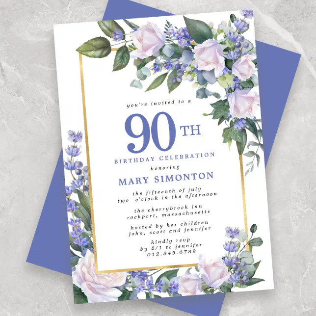 Blue White Gold Floral 90th Birthday Invitation | Zazzle