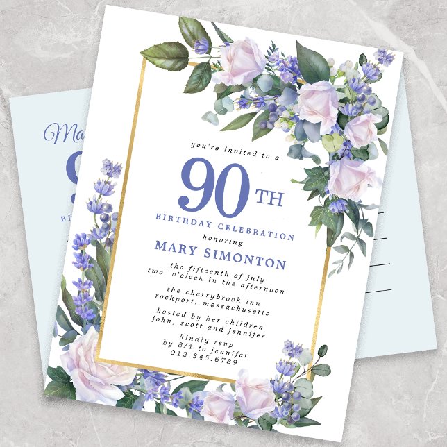 Blue White Gold Floral 90th Birthday Party Invitation Postcard (Creator Uploaded)