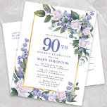 Blue White Gold Floral 90th Birthday Party Invitation Postcard<br><div class="desc">Honor a special woman with this elegant and feminine 90th Birthday party invitation. 90th is written in large blue text. Birthday celebration follows. The honored guest's name is also in blue capital letters. The remainder of the text is soft dove grey. The birthday celebration details are surrounded by a chic...</div>