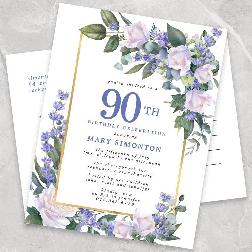 Blue White Gold Floral 90th Birthday Party Invitation Postcard
