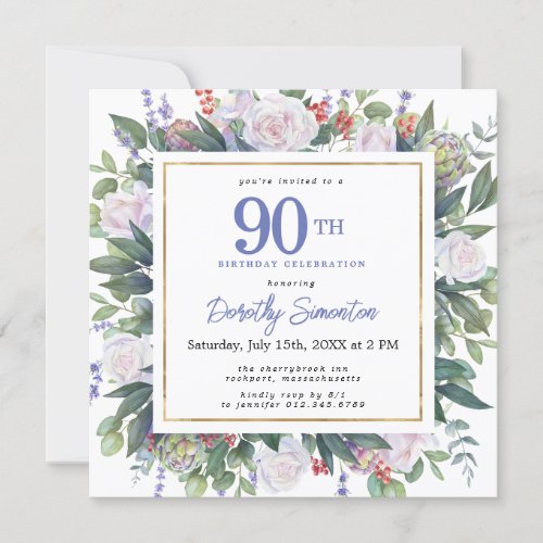 Blue White Gold Floral 90th Birthday Square Invitation