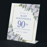 Blue White Gold Floral 90th Birthday Welcome Pedestal Sign<br><div class="desc">Honor a special woman with this elegant and feminine 90th Birthday Party welcome sign. 90th is written in large blue text. Birthday celebration follows. The honored guest's name is also in blue capital letters. The birthday celebration details are surrounded by a chic gold frame that is decorated with white roses...</div>