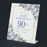Blue White Gold Floral 90th Birthday Welcome Pedestal Sign<br><div class="desc">Honor a special woman with this elegant and feminine 90th Birthday Party welcome sign. 90th is written in large blue text. Birthday celebration follows. The honored guest's name is also in blue capital letters. The birthday celebration details are surrounded by a chic gold frame that is decorated with white roses...</div>