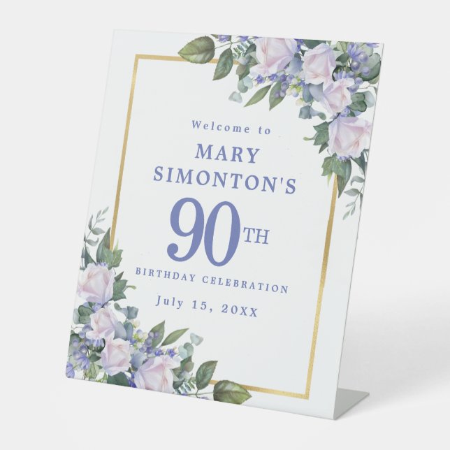 Blue White Gold Floral 90th Birthday Welcome Pedestal Sign (Front)