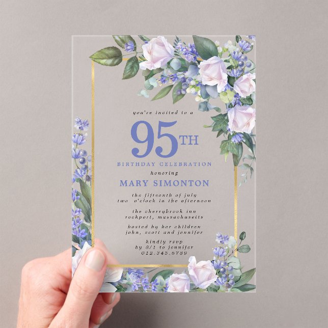 Blue White Gold Floral 95th Birthday Acrylic Invitations (Insitu (Handheld))