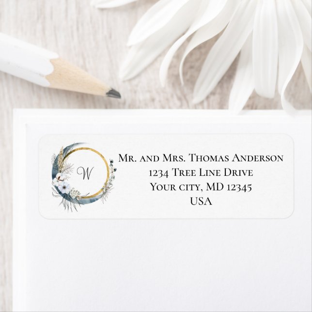 Blue White Gold Floral Monogram Boho Wedding Label (Insitu)