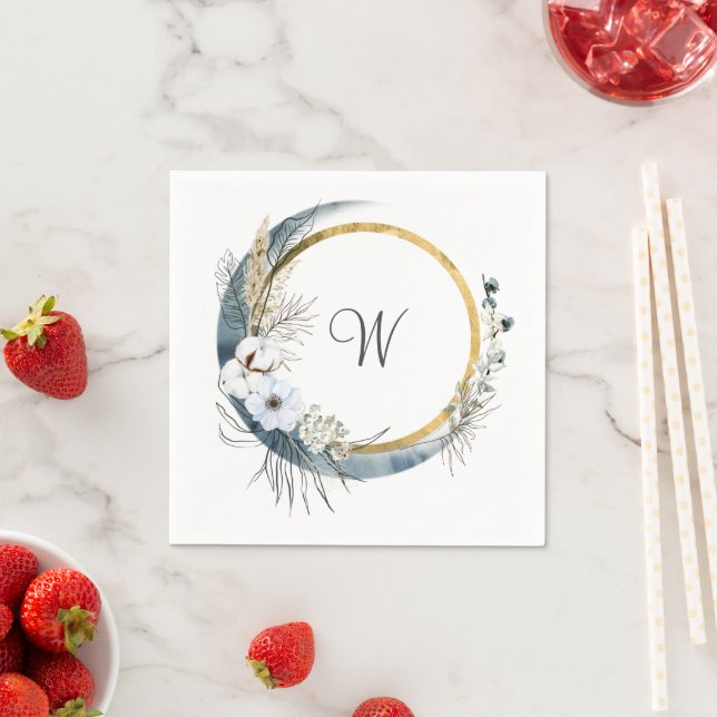 Blue White Gold Floral Monogram Boho Wedding Napkins (Insitu)