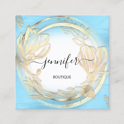 Blue White Gold Floral QRCode Logo  Square Business Card