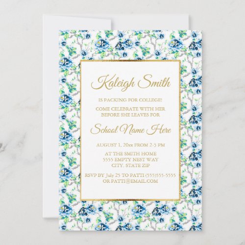 Blue White Gold Floral Trunk Party Invite