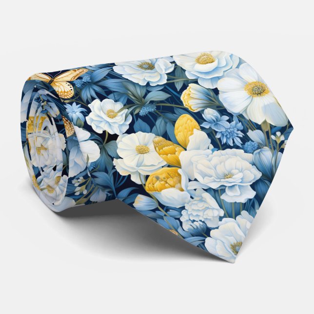 blue white gold  flowers and butterflies neck tie (Rolled)