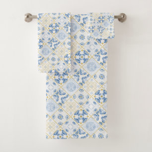 Blue White Gold Geometric Tile Chinoiserie Bath Towel Set
