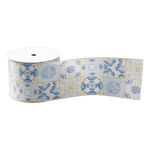 Blue White Gold Geometric Tile Chinoiserie Grosgrain Ribbon