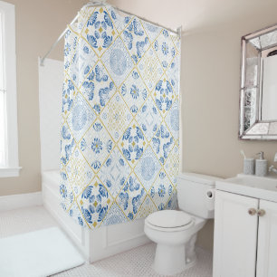 Blue White Gold Geometric Tile Chinoiserie Shower Curtain