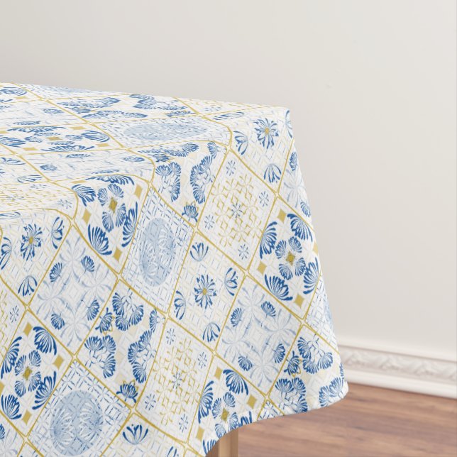 Blue White Gold Geometric Tile Chinoiserie Tablecloth (In Situ)
