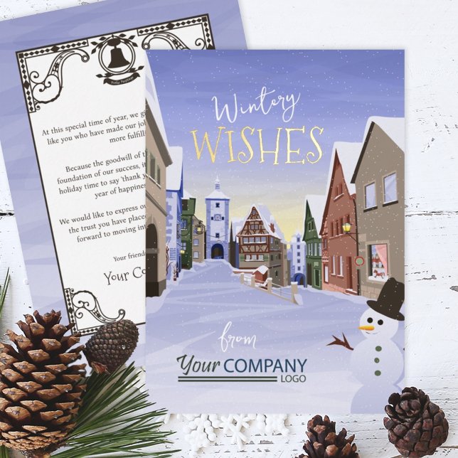 Blue, White, Gold German Bavaria Company Foil Holiday Card (Nostalgic Light Blue Winter Company Holiday Greeting Cards Rothenburg, German)