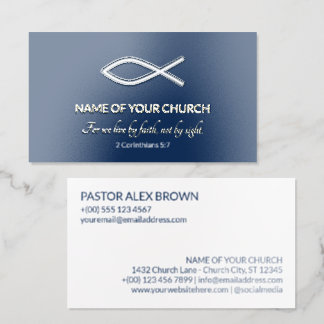 Blue White Gold Ichthys Fish Pastor Priest Foil Business Cards