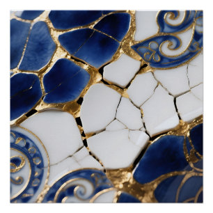 Blue White Gold Kintsugi Porcelain Mosaic Poster