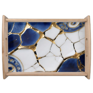 Blue White Gold Kintsugi Porcelain Mosaic Serving Tray