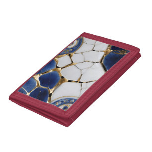 Blue White Gold Kintsugi Porcelain Mosaic Tri-fold Wallet