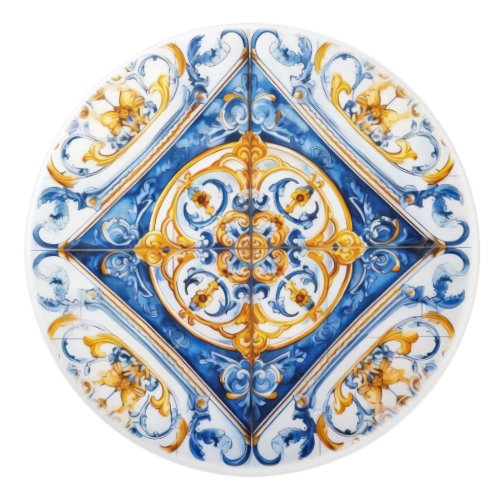 Blue White Gold Look Talavera Azulejo Tile  Ceramic Knob