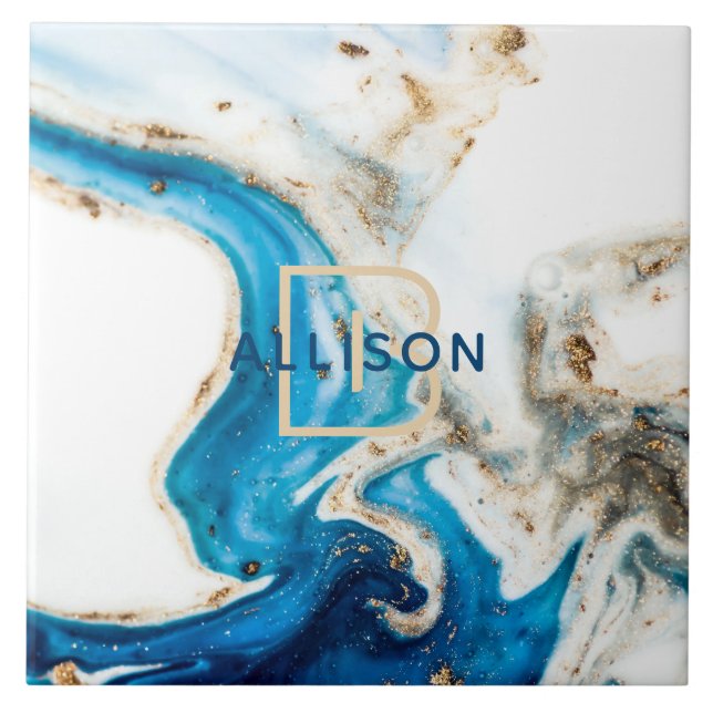 Blue White Gold Marble Abstract Art Monogram Ceramic Tile (Front)