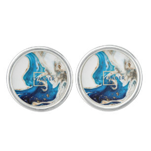 Blue White Gold Marble Abstract Art Monogram Cufflinks