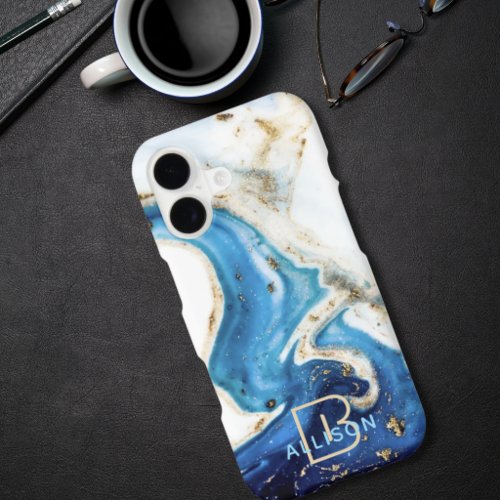 Blue White Gold Marble Abstract Art Monogram iPhone 17 Case