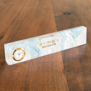 Blue White Gold Marble Personalized Desk Name Plate