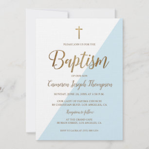 Blue White Gold Modern Baby Boy No Photo Baptism Invitation