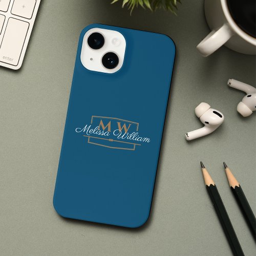 Blue White Gold Monogram Name Script iPhone 14 Case