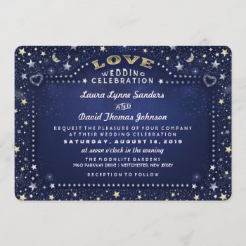 Blue White Gold Moon Stars Reception Info On Back Invitation by juliea2010 at Zazzle