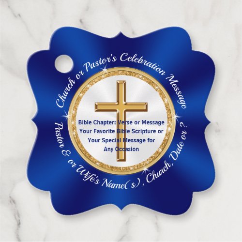 Blue White Gold Personalized Church Favors Tags