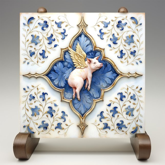 Blue White Gold Pig Medieval Scrollwork Ceramic Tile (Creator Uploaded)